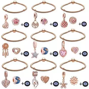 Классические простые браслеты с подвесками из розового золота, перо, сердце, бусины, браслеты для женщин, ювелирные изделия 21cm