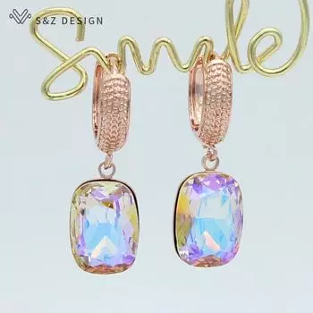 Классические простые прямоугольные серьги-капли с кристаллами для женщин, свадебные украшения, розовое золото, вечерние модные элегантные серьги