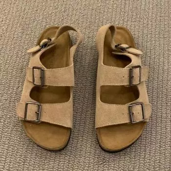 Классические ретро-пляжные женские сандалии на низком каблуке, римские сандалии на плоской подошве, новинка 2024 года, женские сандалии больших размеров с двойной пряжкой 35 чёрный