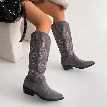 Классические ретро туфли с острым носком женские зимние ботинки 2024 года в этническом стиле с вышивкой женские повседневные и модные ботинки до середины голени 35 серый