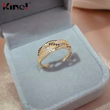 Классические роскошные женские кольца Kinel из розового золота с черным и белым цирконом, ювелирные изделия 6 розового золота