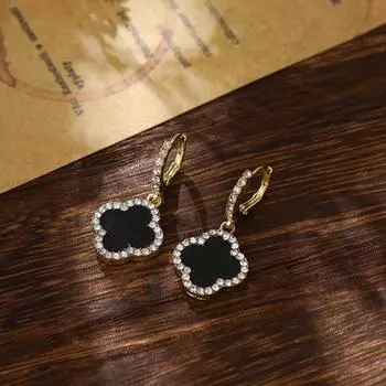 Классические роскошные женские серьги с четырьмя листами клевера и нежными стразами Netroots, серьги высокого уровня чёрный