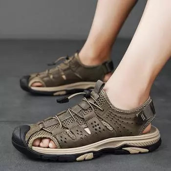 Классические сандалии ручной работы из натуральной кожи для мужчин, летняя удобная дышащая пляжная обувь, легкая повседневная мужская обувь 38 хаки