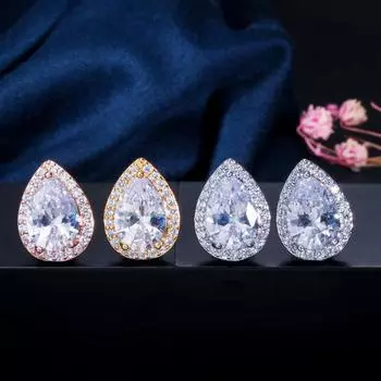 Классические серьги-гвоздики CMM с блестящими каплями воды и кубическим цирконием розового золота