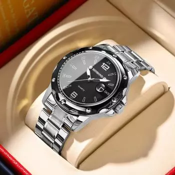 Классические серебристо-черные деловые водонепроницаемые мужские часы с подсветкой и датой из нержавеющей стали военные спортивные кварцевые мужские часы