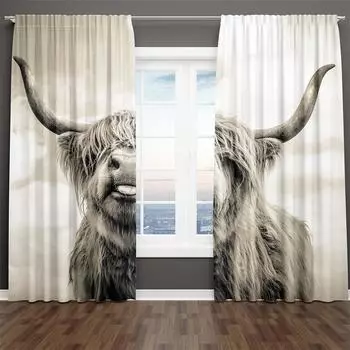 Классические серые, черные и белые шторы на окна с изображением дикого животного Яка, 2 шт., для гостиной, спальни, домашнего декора, крючки 140W160H(CM)55x63in&Hook