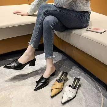 Классические шлепанцы, женские шлепанцы, сабо, повседневная женская обувь на квадратном высоком каблуке, плиссированная летняя обувь с острым носком 35 жёлтый