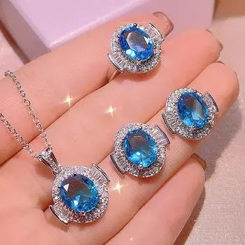 Классические синие кристаллы топаза драгоценные камни бриллианты кольца подвески ожерелья 18k белое золото заполненные ювелирные наборы для женщин вечеринка подарки resizable&45cm