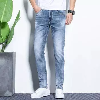 Классические светло-голубые джинсы Мужские джинсы Мужская модная брендовая хлопковая весенняя стирка Мужские брюки Мужская одежда 28