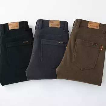 Классические трехцветные брюки 2024 года, осень и зима, новые мужские плюшевые, толстые, повседневные, облегающие, эластичные, теплые, длинные, прямые брюки M кофейный