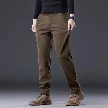 Классические трехцветные брюки 2024 года, осень и зима, новые мужские плюшевые, толстые, повседневные, облегающие, эластичные, теплые, длинные, прямые брюки M чёрный