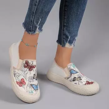 Классические туфли на плоской подошве для женщин, пляжные мокасины из ткани, слипоны с круглым носком, женские повседневные туфли с цветочным принтом и бабочками, большие размеры 36 бежевый