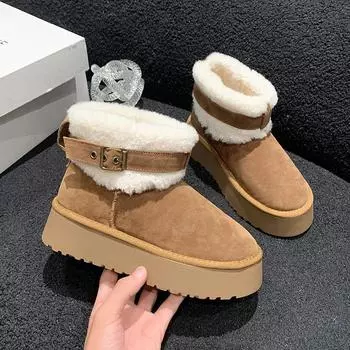 Классические утолщенные женские зимние ботинки из пуха 2024 года с пряжкой на ремне, удобные теплые ботильоны для женщин, зимняя женская обувь, массивные ботинки 35 чёрный