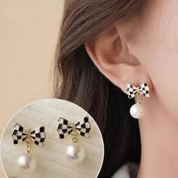 Классические ювелирные изделия для свадебной вечеринки, роскошные черные, белые серьги-гвоздики с бантом в сетку, милые серьги с искусственным жемчугом для женщин