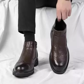 Классические винтажные броги Челси ботинки средней высоты мужские деловые рабочие туфли из натуральной кожи повседневные кожаные туфли 39 чёрный