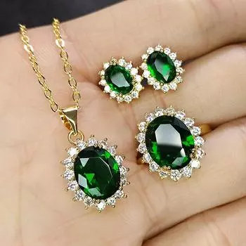 Классические зеленые кристаллы изумрудные драгоценные камни цветы подвески кольца серьги 18k позолоченные ювелирные наборы для женщин праздничный аксессуар resizable&45cm