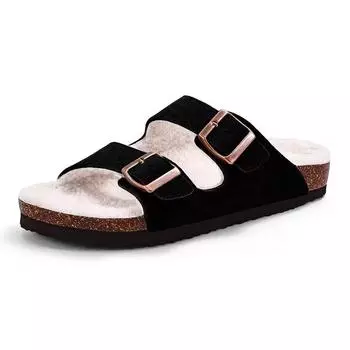 Классические женские и мужские пробковые пушистые тапочки, уличные противоскользящие тапочки из искусственного меха, домашние тапочки, пушистые слайды с регулируемым ремешком 37