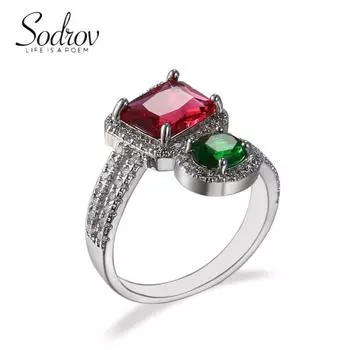 Классические женские кольца SODROV с красным и зеленым цирконом, открытое кольцо one size