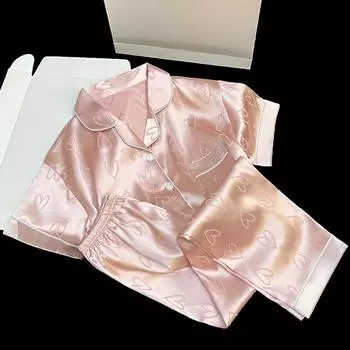 Классические женские пижамные комплекты из жаккарда с сердечками, с коротким рукавом, с длинными брюками, домашняя одежда из искусственного шелка, новая одежда для сна на весну/лето L