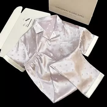 Классические женские пижамные комплекты из жаккарда с сердечками, с коротким рукавом, с длинными брюками, домашняя одежда из искусственного шелка, новая одежда для сна на весну/лето M