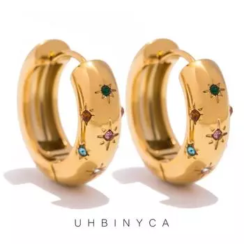 Классические женские серьги-кольца с инкрустацией цирконом, изысканные серьги из нержавеющей стали с покрытием из 18-каратного золота