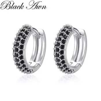 Классические женские серьги-кольца с черными камнями Black Awn