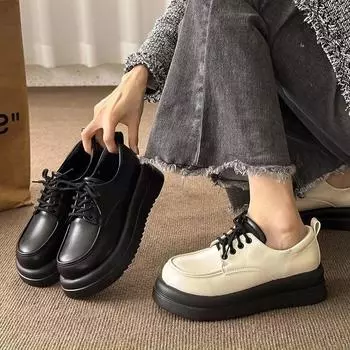 Классические женские туфли-лодочки на шнуровке, туфли-оксфорды на плоской среднем каблуке с круглым носком, женские однотонные кожаные туфли на платформе, туфли-лодочки 35