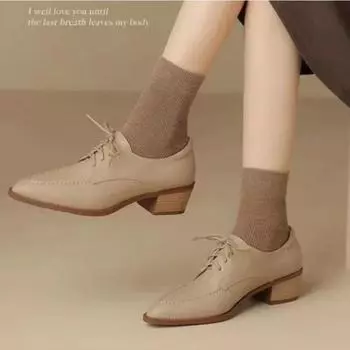 Классические женские туфли-лодочки весна осень офисные женские повседневные туфли на низком каблуке удобные туфли из натуральной кожи на шнуровке на высоком каблуке женские 35 бежевый