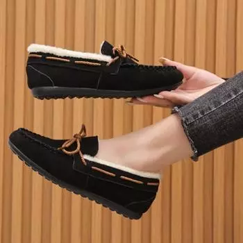 Классические женские туфли на меху на плоской подошве, зимняя повседневная женская обувь без шнуровки с круглым носком, теплые плюшевые туфли на платформе, большие размеры 35 чёрный