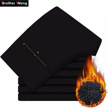 Классические зимние мужские толстые деловые повседневные брюки однотонные эластичные флисовые теплые фирменные брюки мужские 29 чёрный