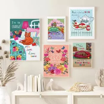 Классический автомобильный плакат с цветочным принтом собаки, цитата, художественный принт на холсте, мультяшная иллюстрация чая, забавная рыжая кошка, домашний декор для комнаты, живопись 21x30cm No Framed