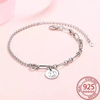 Классический браслет из стерлингового серебра 925 пробы с нерегулярным смайликом и бисером наручники, простой браслет на цепочке для девочек