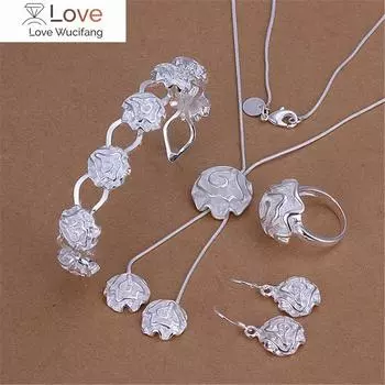 Классический браслет-манжета с розой из стерлингового серебра 925 пробы, кольца, браслеты, ожерелья, серьги, комплект украшений для женщин, подарки на свадьбу 45CM and 20CM