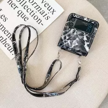 Классический чехол для телефона из искусственной кожи с мраморным узором для Samsung Galaxy Z Flip 3 5g с регулируемым ремешком через плечо For Samsung Z Flip 3