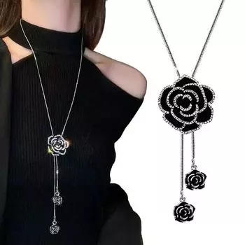 Классический черный цветок розы колье кулоны для женщин модное длинное ожерелье женский свитер цепочка ювелирные изделия аксессуары подарок бездна
