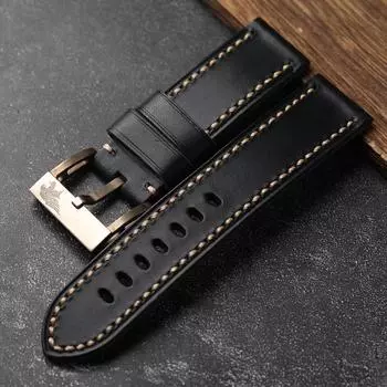 Классический черный итальянский ремешок для часов из коровьей кожи первого слоя 22 24 26 мм с черной бронзовой пряжкой, винтажный мужской браслет для часов, утолщенный мужской 26mm