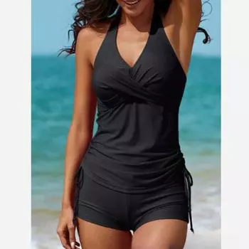 Классический черный комплект танкини с завязками на шее, купальник-боксер с рюшами и перекрестными вставками по центру, женская одежда для плавания и купальники S чёрный