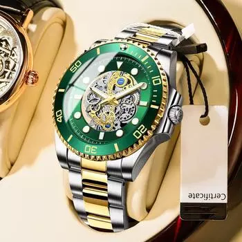 Классический дизайн, полые деловые кварцевые мужские часы, водонепроницаемые круглые мужские спортивные светящиеся золотые часы из нержавеющей стали золотой/зелёный