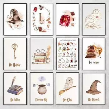 Классический фильм Волшебник Сова Волшебные книги Плакаты Метла Поттер Алфавит Холст Картина Печать Настенная картина Детская комната Домашний декор Подарок 21cm30cm NoFrame