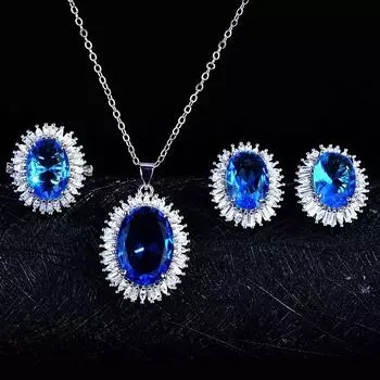 Классический голубой кристалл топаз бриллианты драгоценные камни комплекты ювелирных изделий для вечеринок для женщин подвески серьги кольца свадебные аксессуары подарки resizable&45cm