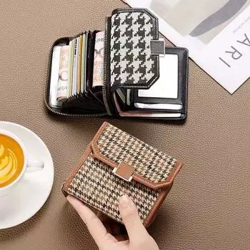 Классический холст в клетку с птицами, складной зажим для монет, многофункциональный держатель для удостоверений личности, пряжка, стенка для женщин чёрный