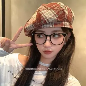 Классический клетчатый берет в стиле ретро, женская осенняя повседневная шляпа художника, британская универсальная шляпа с изображением маленькой тыквы Average size (53-58cm) хаки