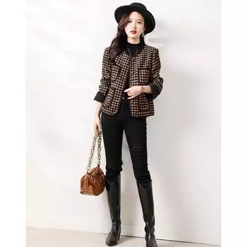 Классический клетчатый пиджак свободного покроя в Корейском стиле с небольшим ароматом и круглым вырезом в клетку для женщин на осень и зиму S