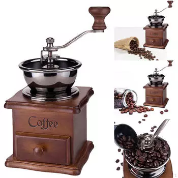 Классический кофе в зернах, специи, винтажная ручная деревянная мельница в стиле ретро