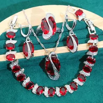 Классический комплект ювелирных изделий из серебра 925 пробы для женщин, свадебный браслет с голубым топазом, серьги, ожерелье, кулон, кольцо, рождественский подарок, 4 шт. 6