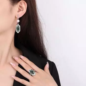 Классический комплект ювелирных изделий, кольцо с китайским изумрудом, серьги с зеленым бриллиантом, винтажное кольцо премиум-класса с изумрудом