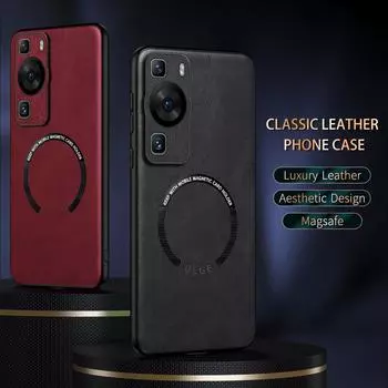 Классический кожаный чехол для беспроводной зарядки Magsafe Magnetic Case для Huawei P60 Pro P60Pro Soft Back Cover For Huawei P60 чёрный