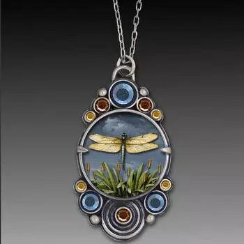 Классический креативный круглый кулон в виде стрекозы, винтажное этническое серебряное ожерелье с металлической росписью, зеленая трава, круг, ожерелье, ювелирные изделия