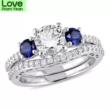 Классический модный комплект свадебных колец с бриллиантами, изысканное женское кольцо из белого золота 10 карат с синим сапфиром, новые свадебные украшения, подарок на Новый год 7
