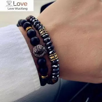 Классический мужской браслет из 2 шт./комплект с львиной трубкой и фианитами, роскошный матовый браслет с бусинами и тигровым глазом для мужчин, ювелирный подарок adjustable